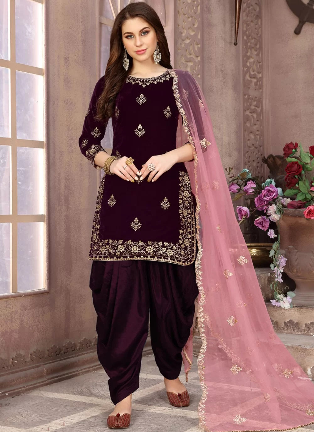 Wine Velvet Punjabi Salwar Suit