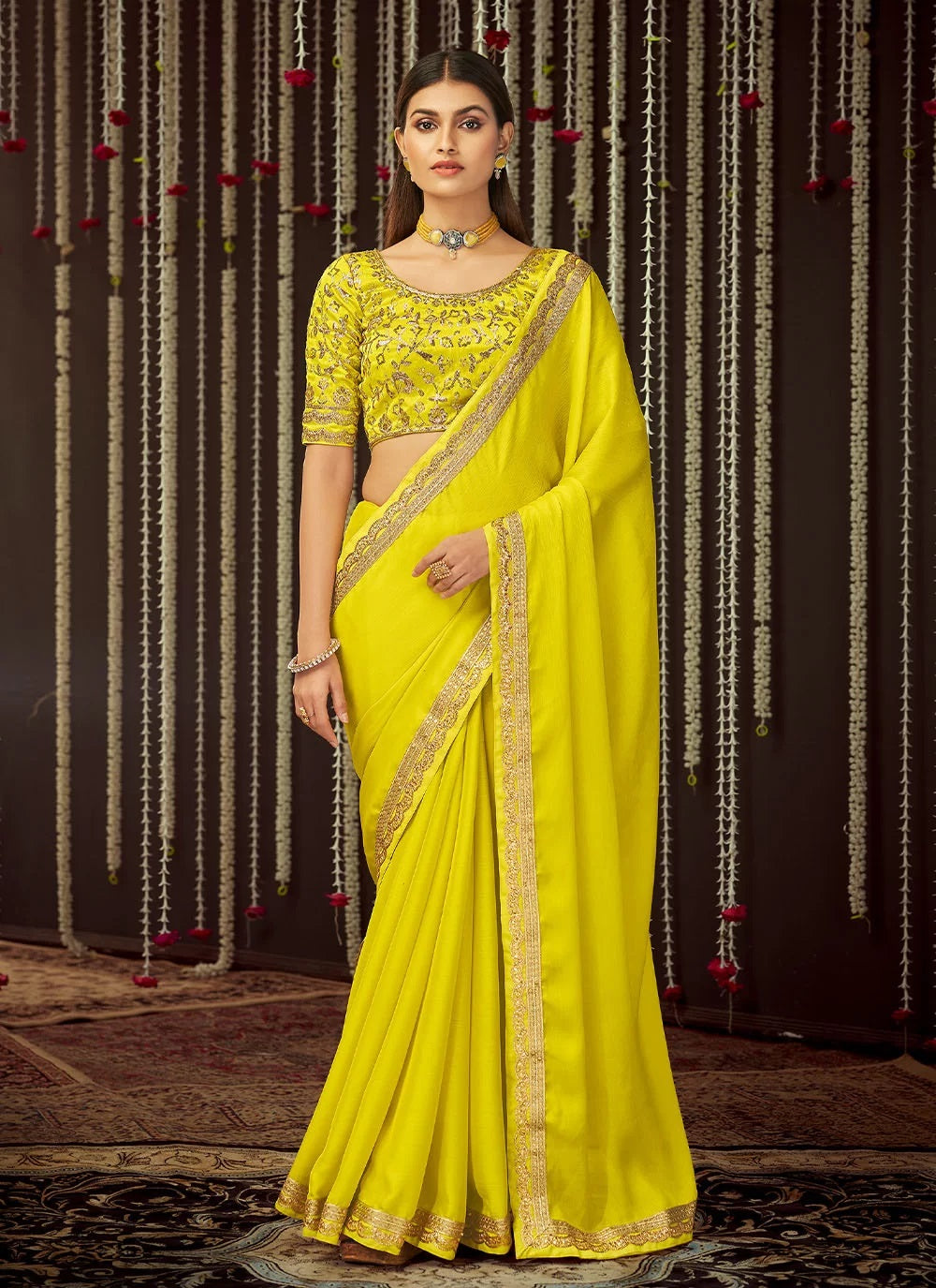 Yellow Chinnon Silk Festival Designer Saree