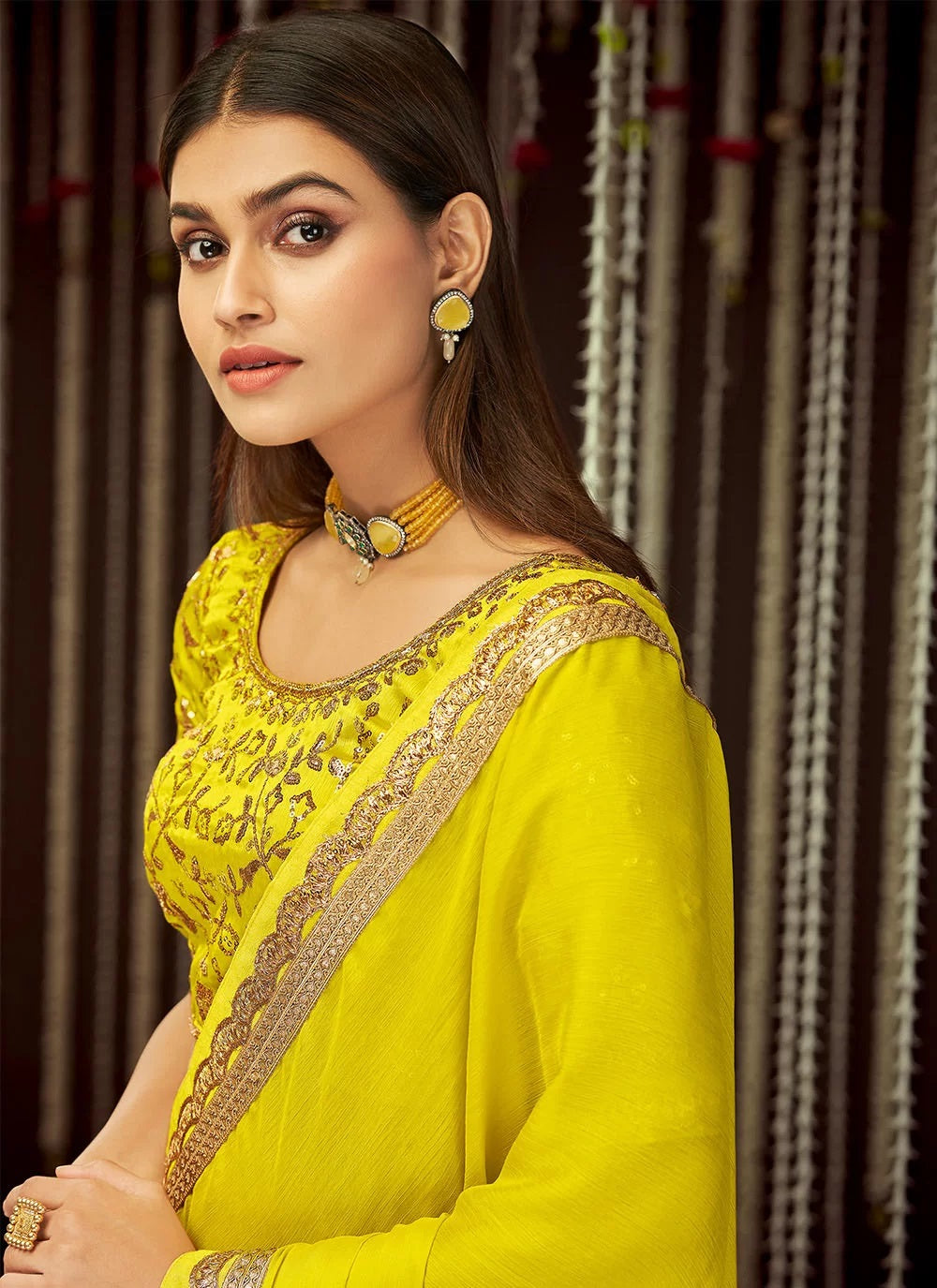 Yellow Chinnon Silk Festival Designer Saree