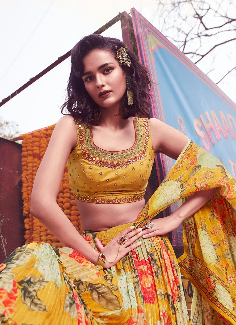 Yellow Chinon Hand Work Trendy Lehenga Choli