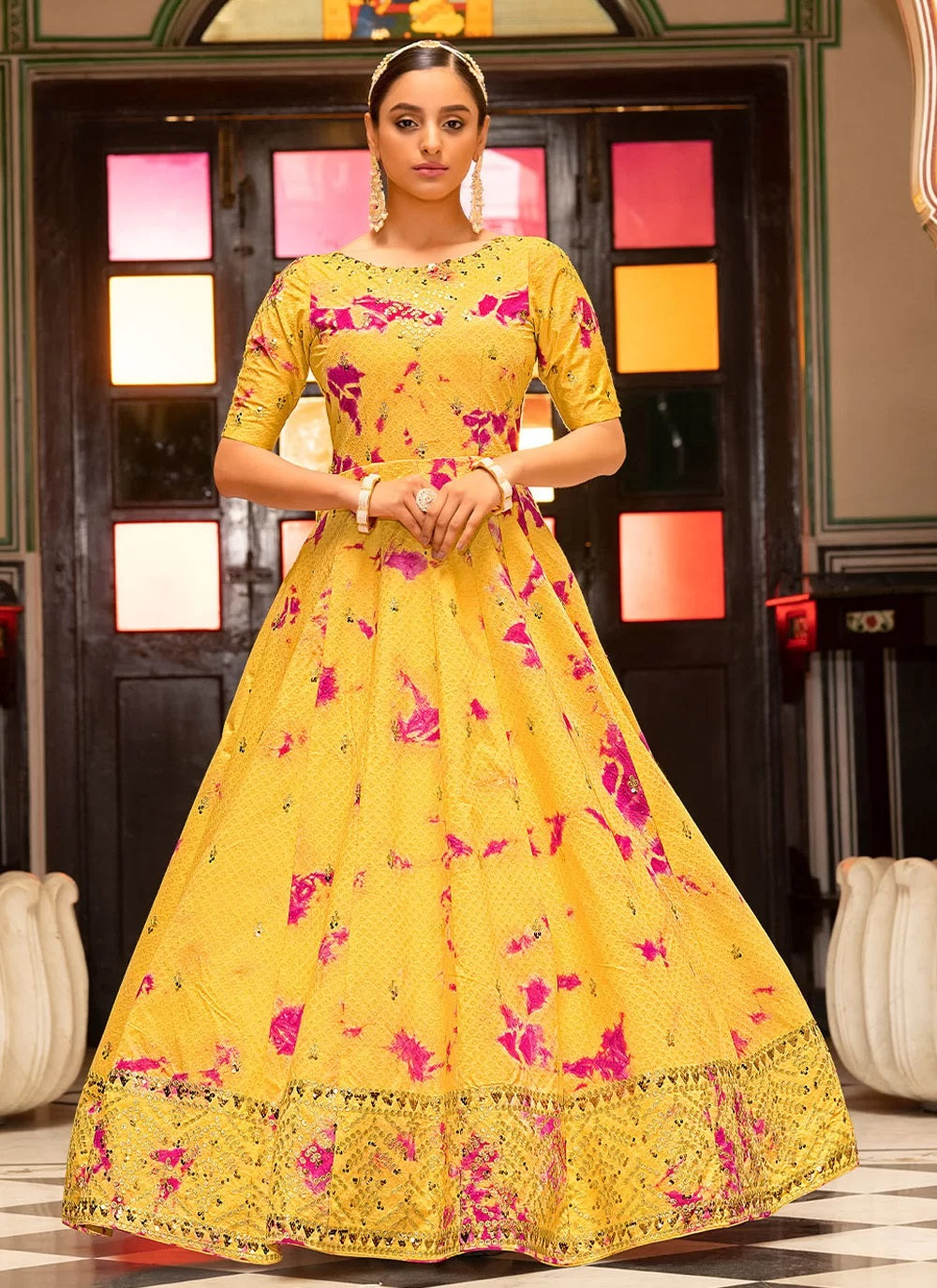 Yellow Cotton Printed Designer Gown