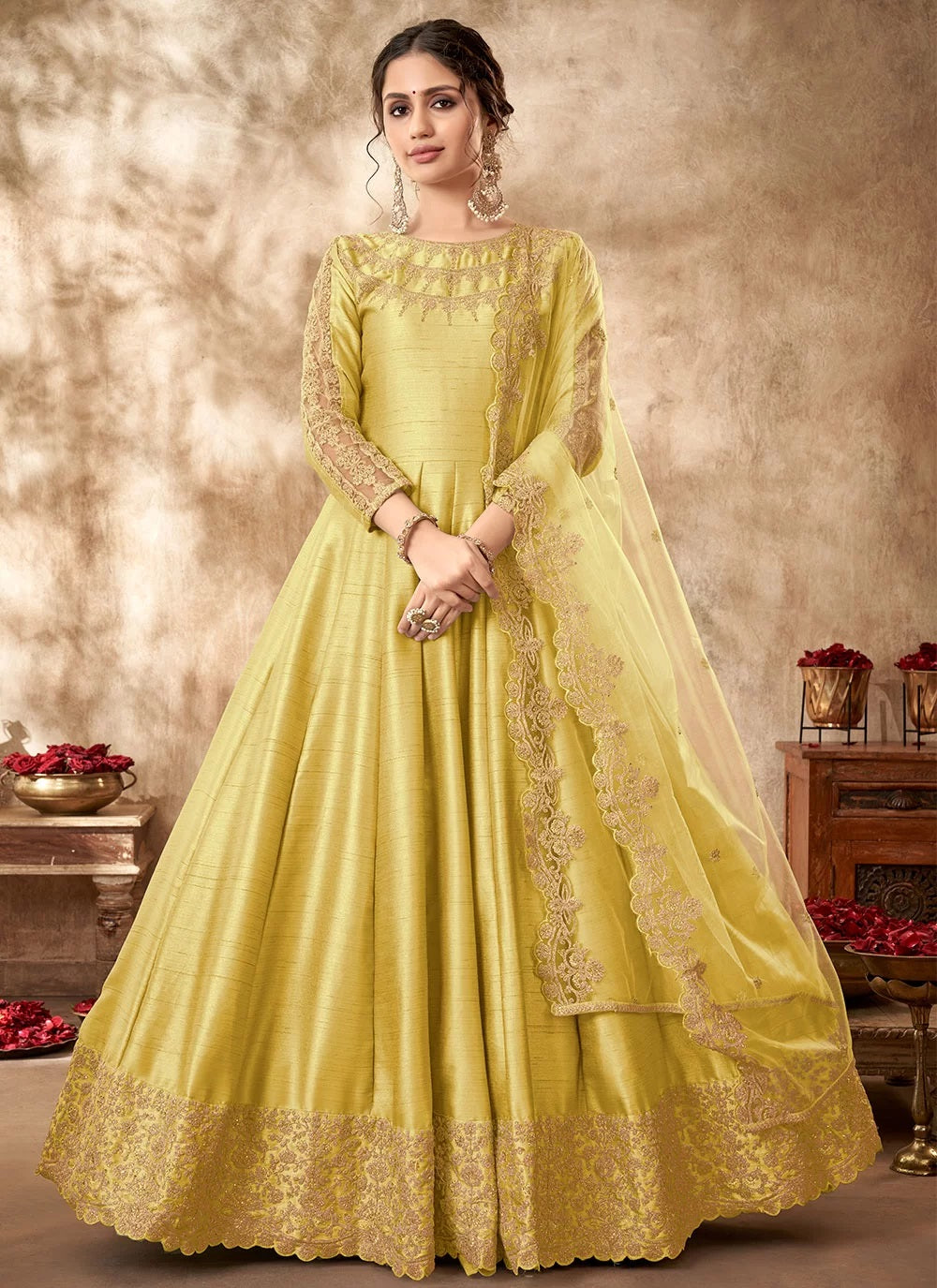 Zari Art Silk Zari Embroidery Suit In Yellow 