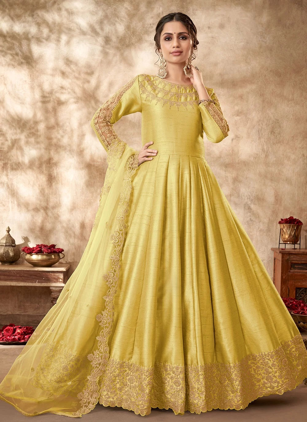 Zari Art Silk Zari Embroidery Suit In Yellow 