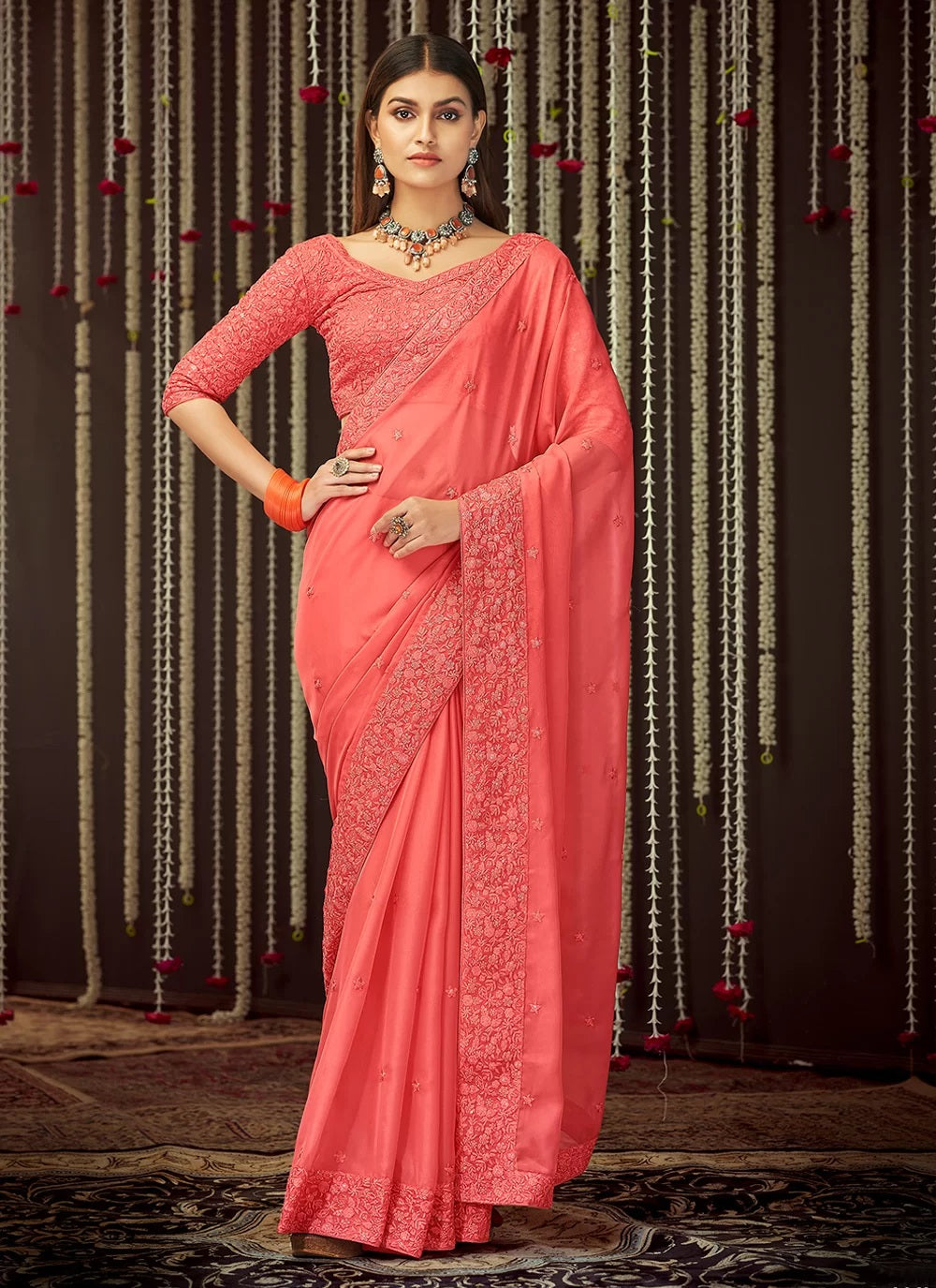 Zari Organza Latest Saree In Peach