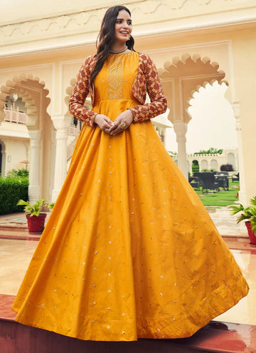 Mustard Cotton Sequins Embroidered Trendy Gown