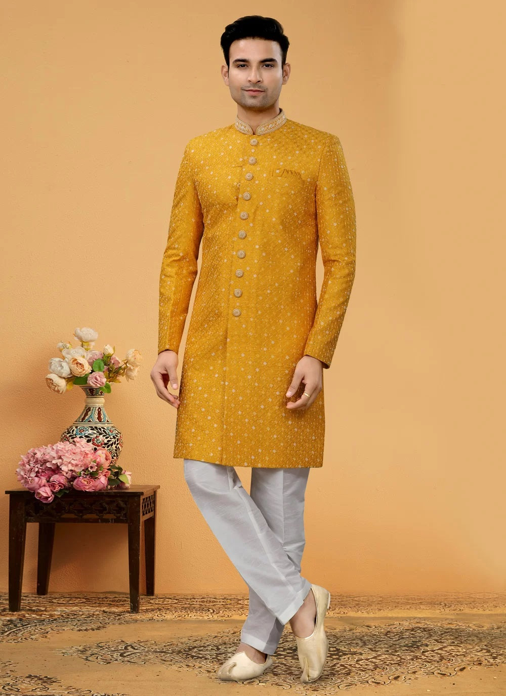 Radiant Art Silk Haldi Special Men's Indo Western for Indian Weddings