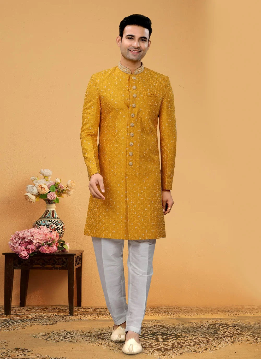 Radiant Art Silk Haldi Special Men's Indo Western for Indian Weddings