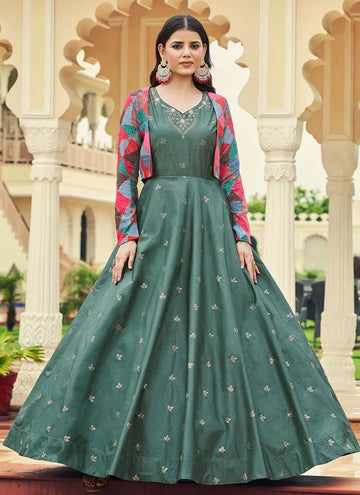 Green Cotton Embroidered Indian Engagement Gown