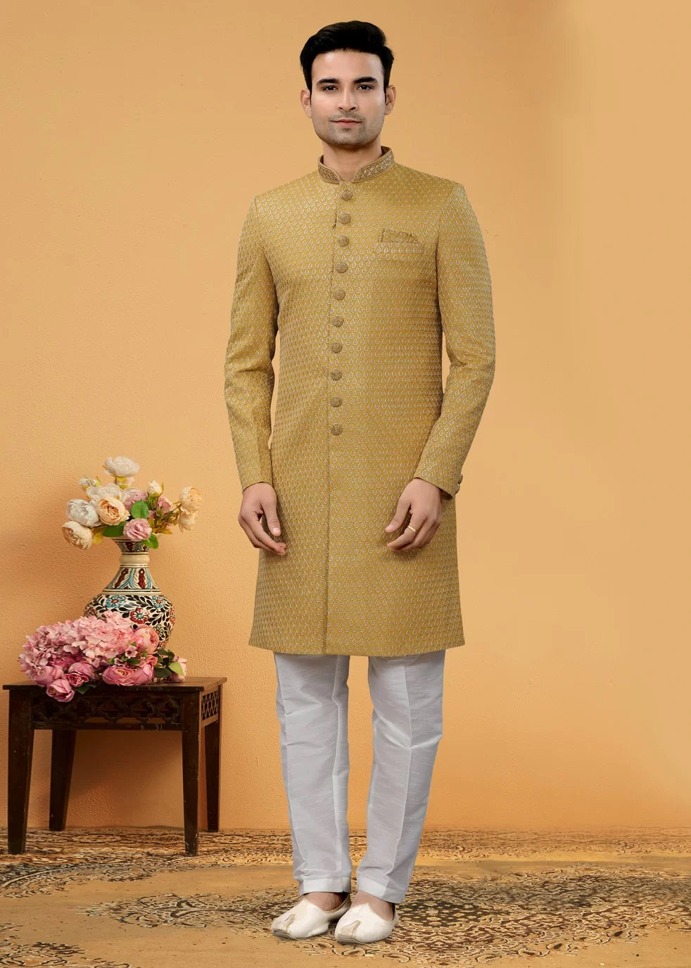 Stylish Beige Faux Bamber Fabric Indo Western with Thread and Hand Work For Groom