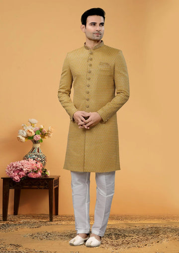 Stylish Beige Faux Bamber Fabric Indo Western with Thread and Hand Work For Groom