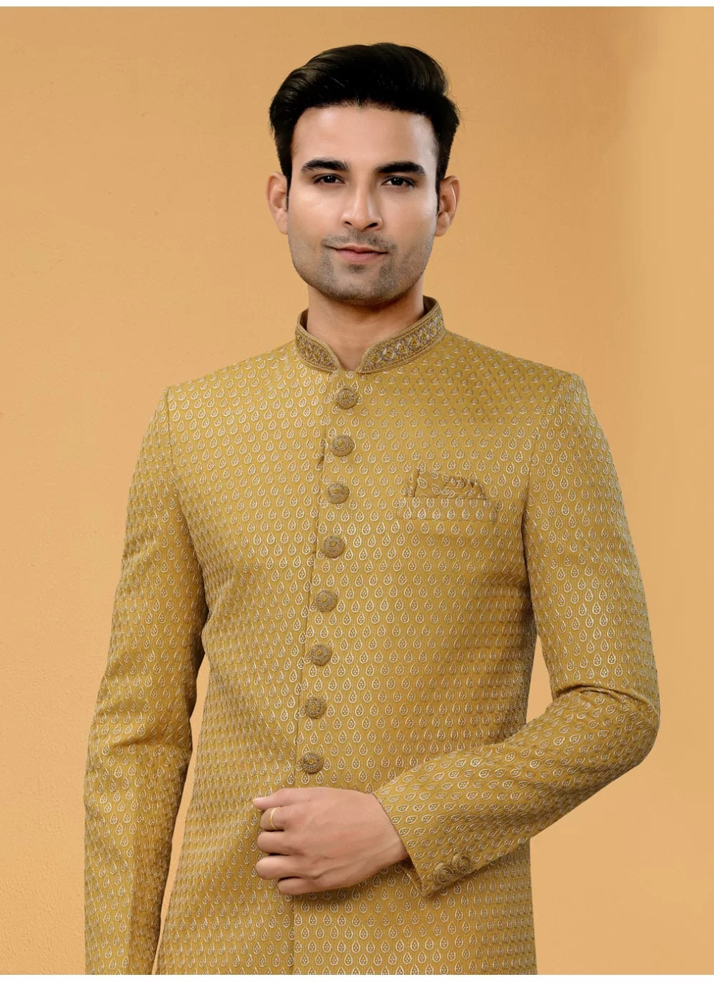 Stylish Beige Faux Bamber Fabric Indo Western with Thread and Hand Work For Groom