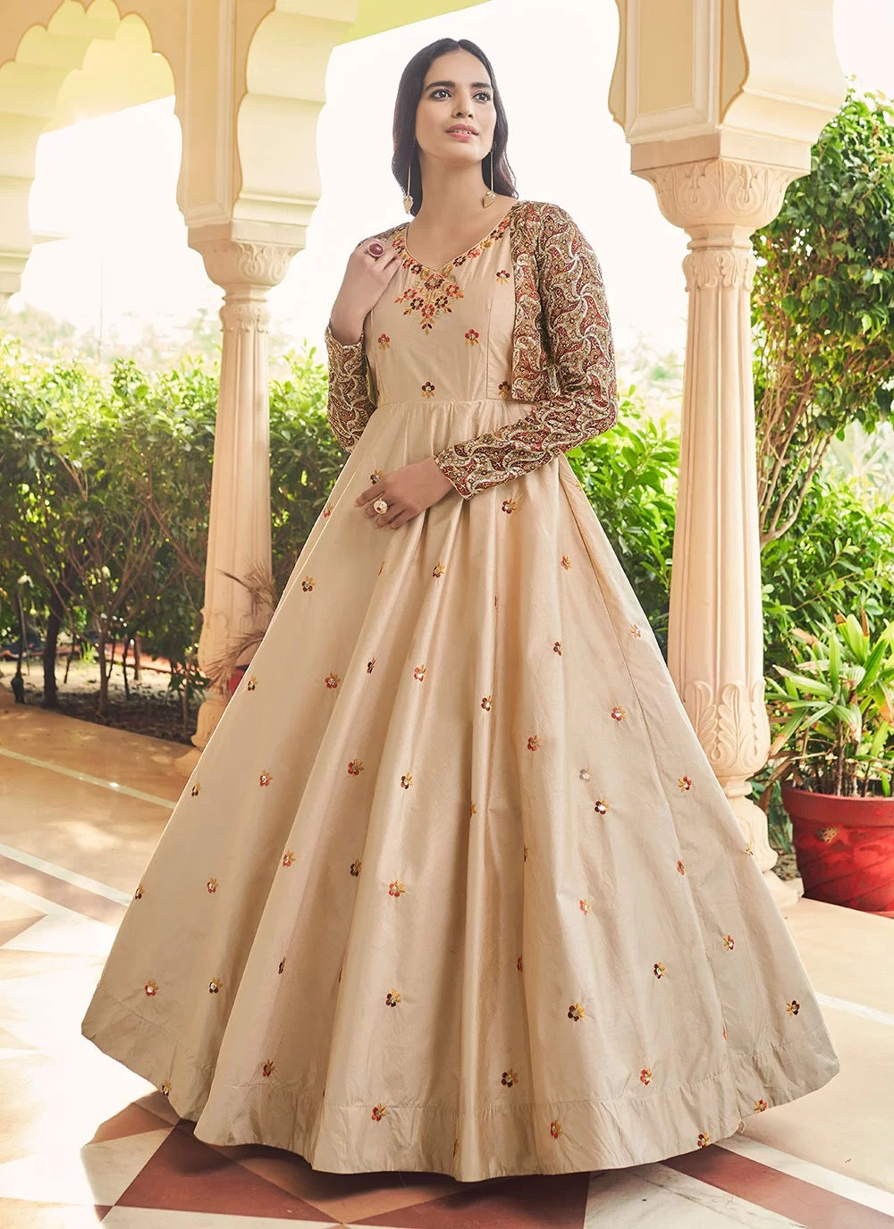 Beige Cotton Sequins Embroidered Gown