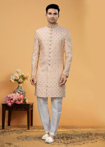 Elegant Pink Brocade Lucknowi Groom Sherwani with Hand Work Embellishments