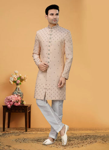 Elegant Pink Brocade Lucknowi Groom Sherwani with Hand Work Embellishments