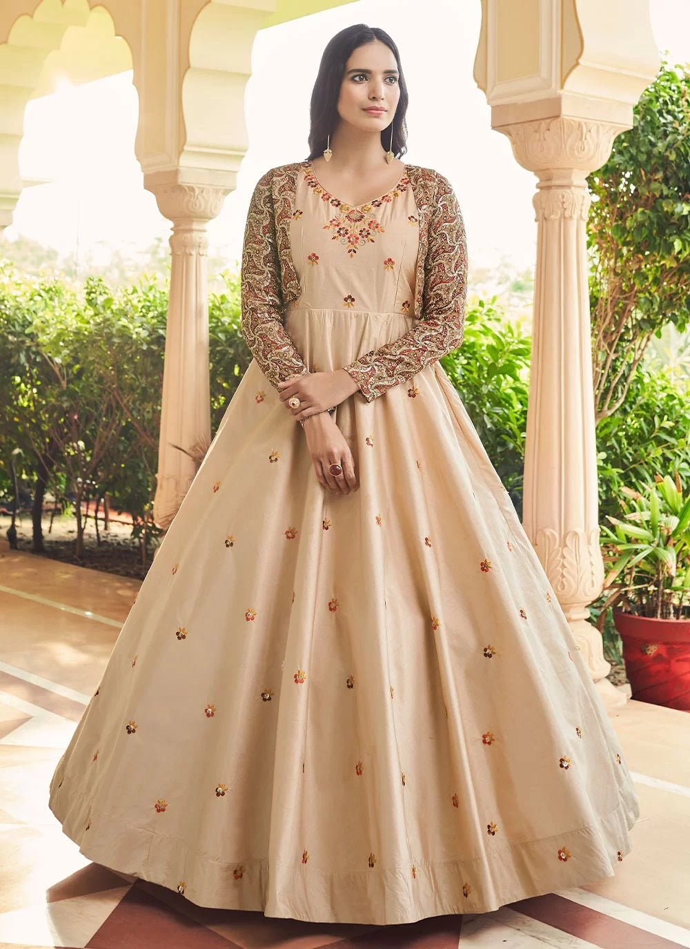 Beige Cotton Sequins Embroidered Gown