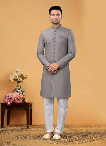 Indian Groom Wedding Sherwani in Seltor Fabric with Thread Sequence and Hand Work