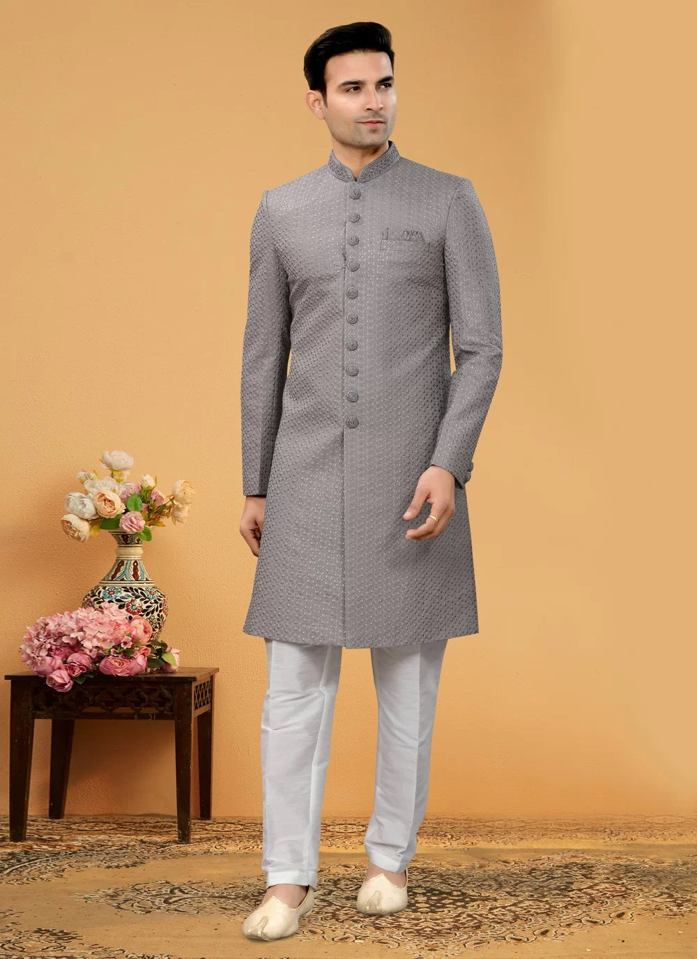 Indian Groom Wedding Sherwani in Seltor Fabric with Thread Sequence and Hand Work