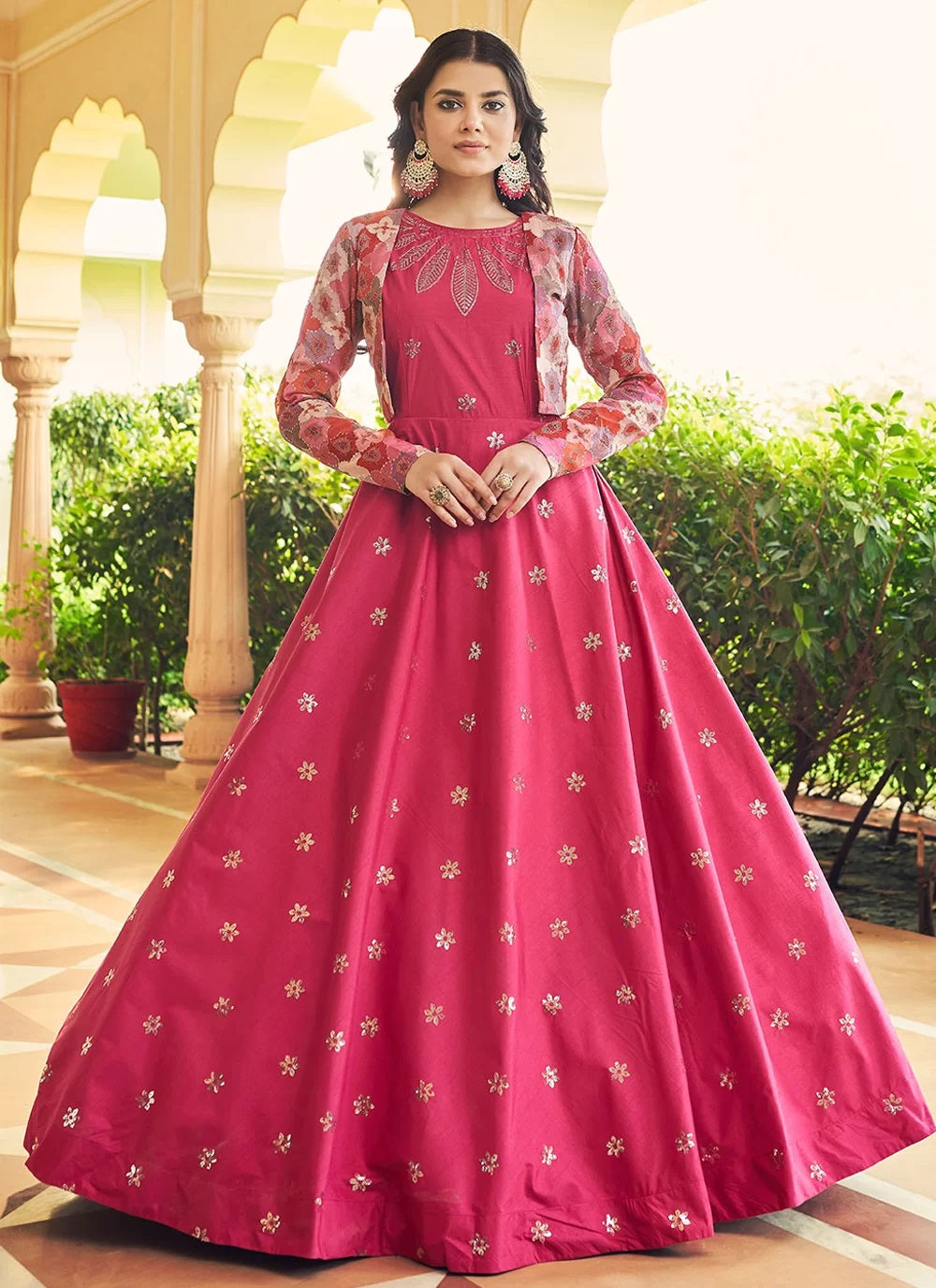 Pink Cotton Embroidered Designer Gown