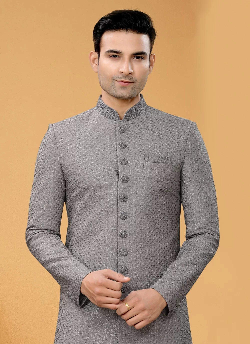 Indian Groom Wedding Sherwani in Seltor Fabric with Thread Sequence and Hand Work