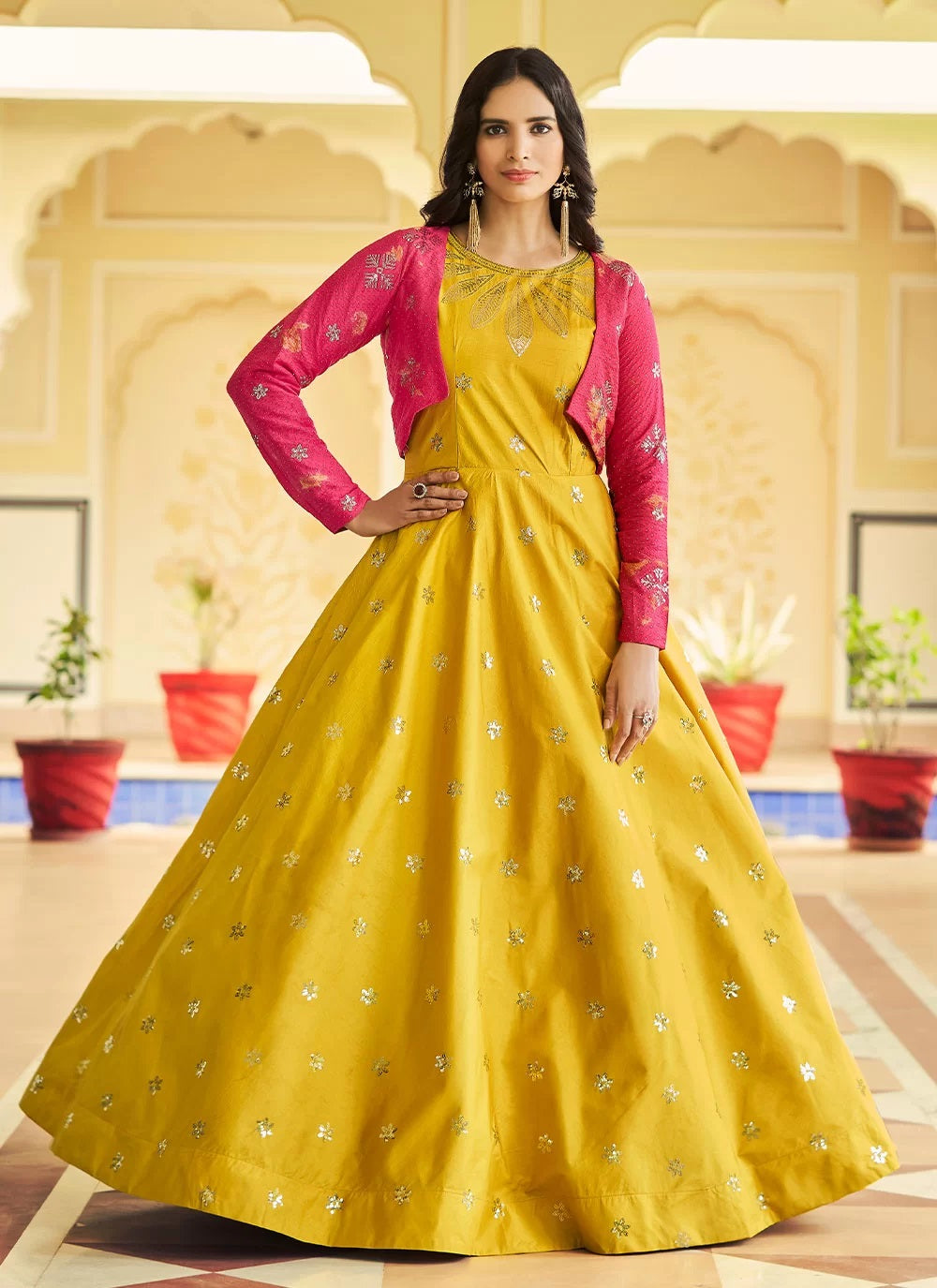 Yellow Party Wear Embroidered Cotton Gown