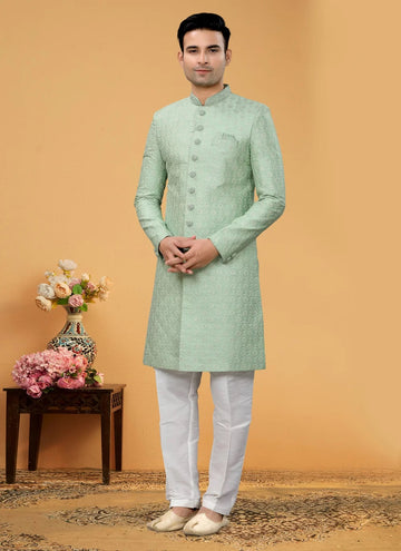 Stylish Mens Green Art Silk Indo Western with Classic Design