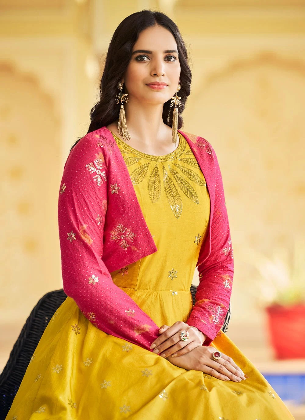 Yellow Party Wear Embroidered Cotton Gown