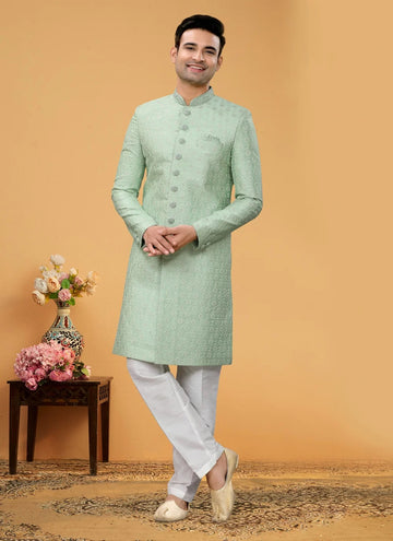 Stylish Mens Green Art Silk Indo Western with Classic Design