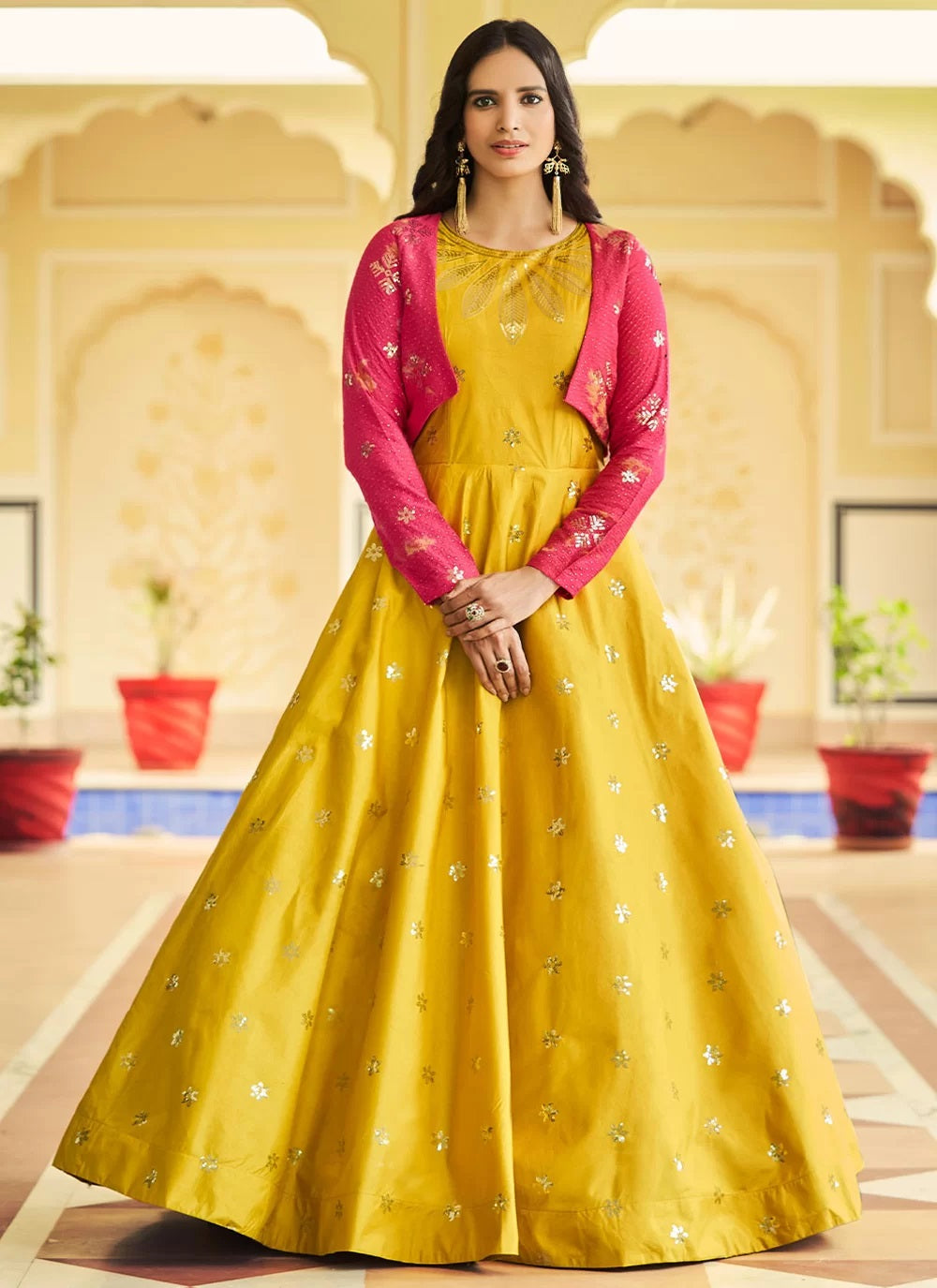 Yellow Party Wear Embroidered Cotton Gown