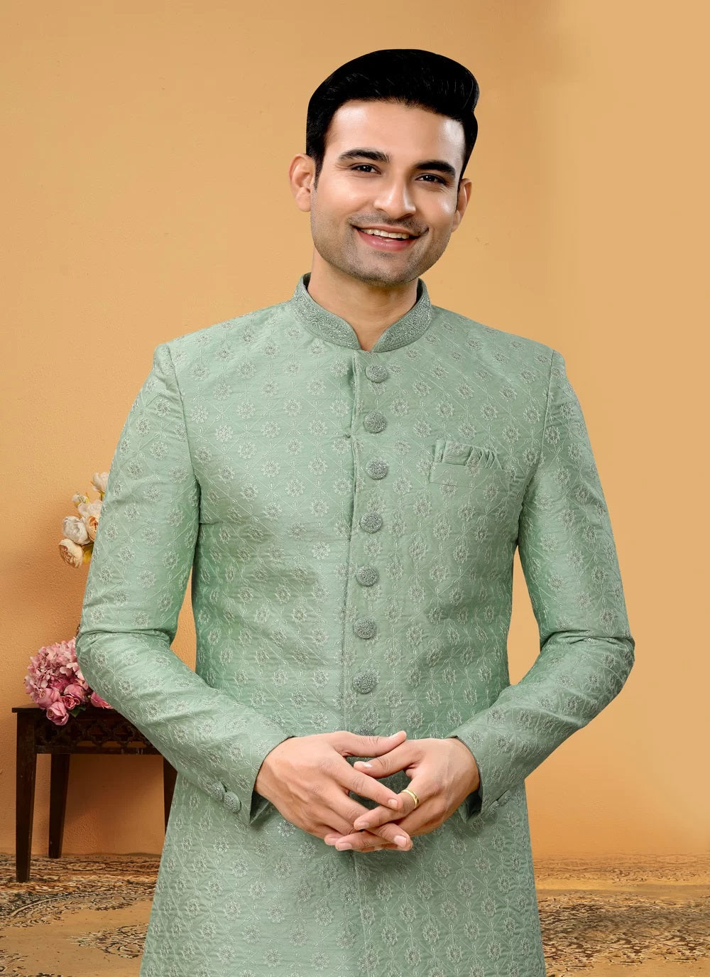 Stylish Mens Green Art Silk Indo Western with Classic Design