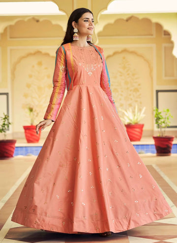 Peach Embroidered Cotton Designer Gown