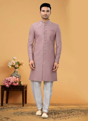 Sophisticated Mens Mauve Seltor Fabric Indo Western with Thread and Hand Work
