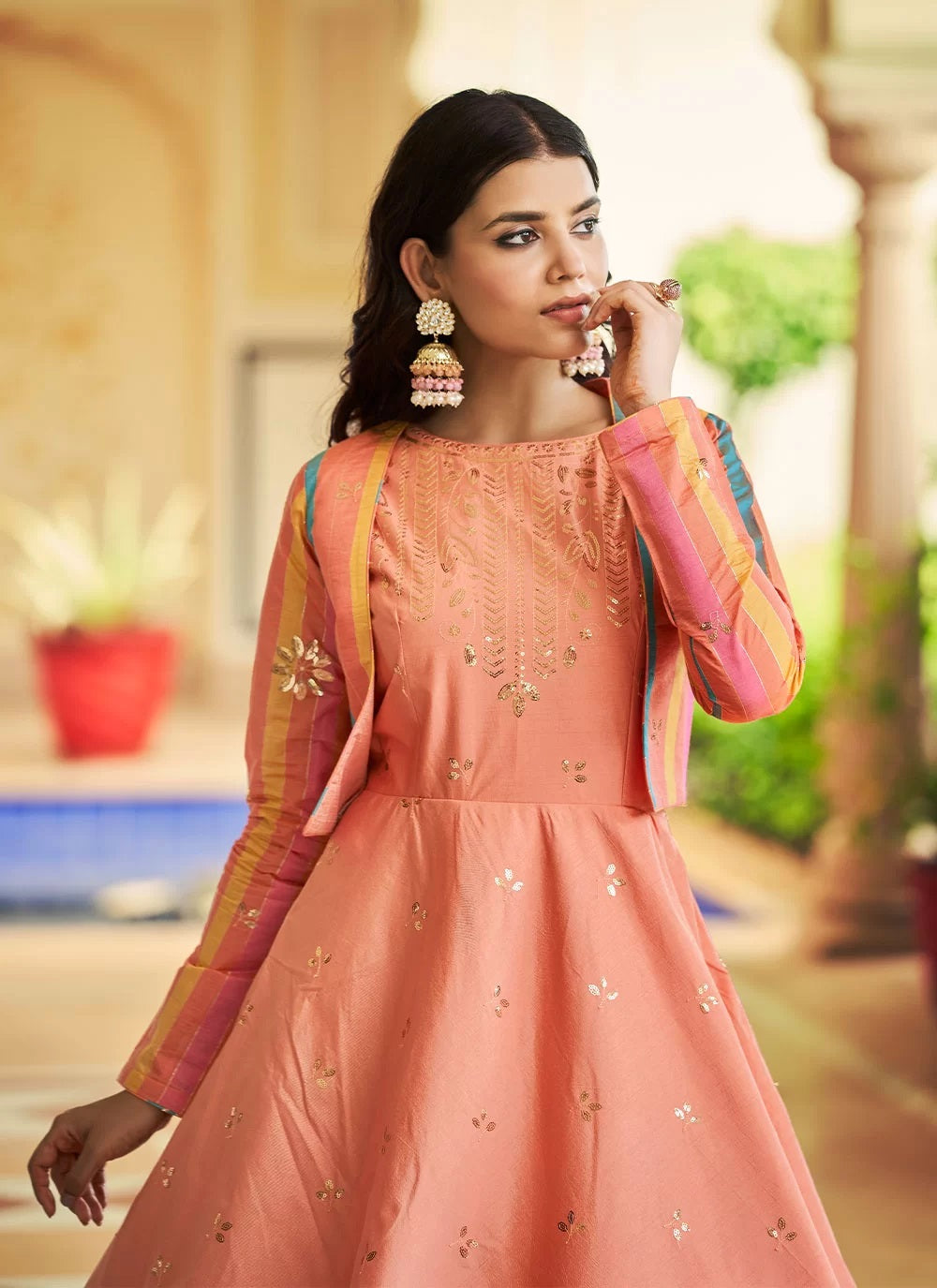 Peach Embroidered Cotton Designer Gown