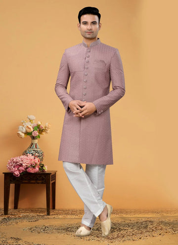Sophisticated Mens Mauve Seltor Fabric Indo Western with Thread and Hand Work