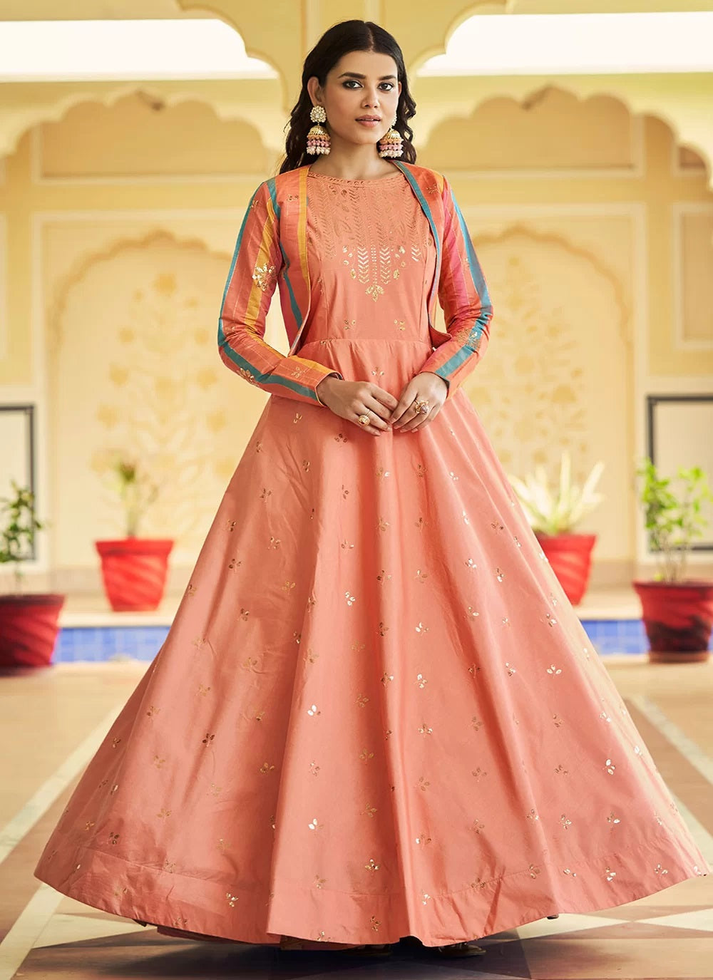 Peach Embroidered Cotton Designer Gown