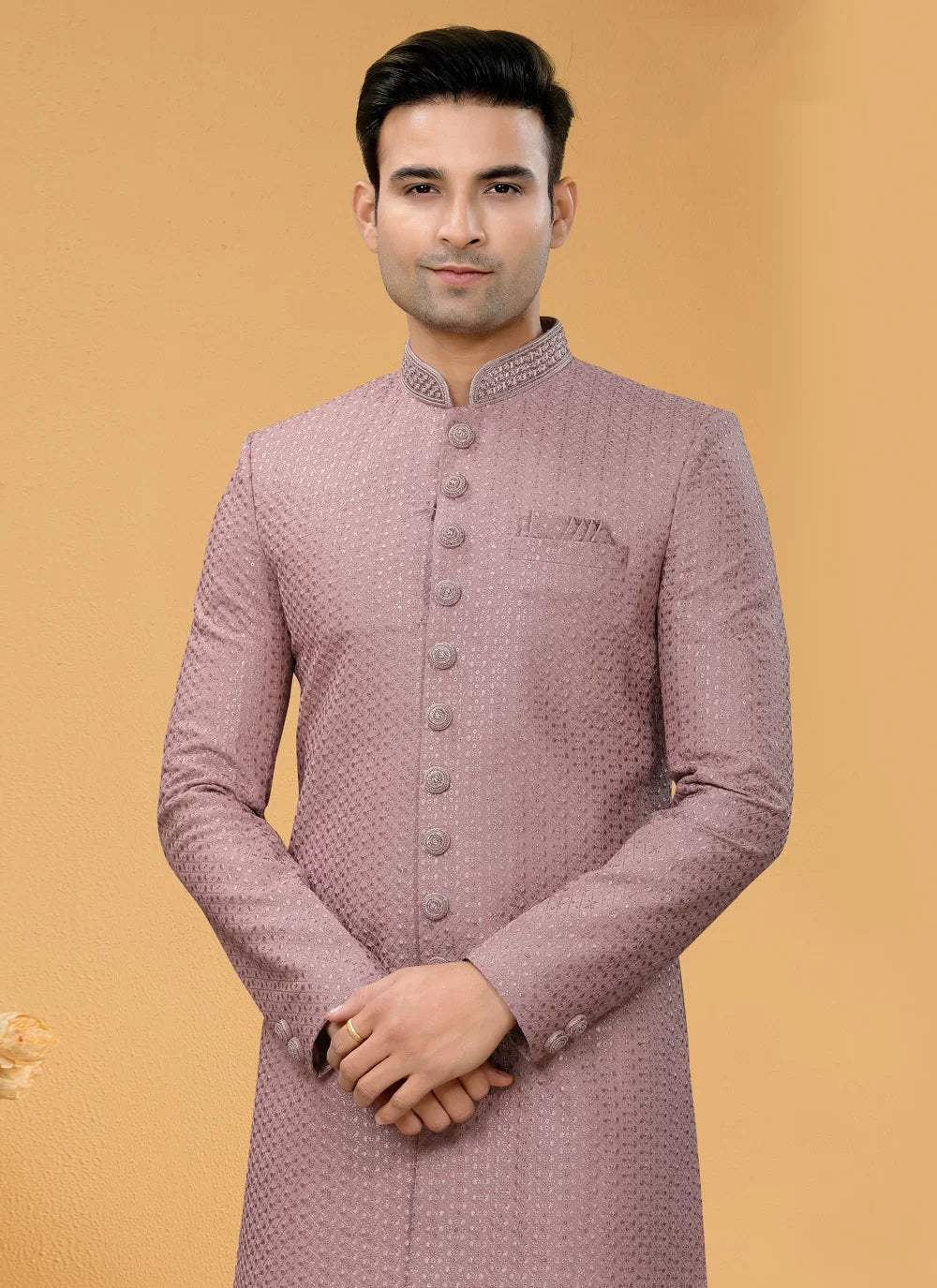 Sophisticated Mens Mauve Seltor Fabric Indo Western with Thread and Hand Work