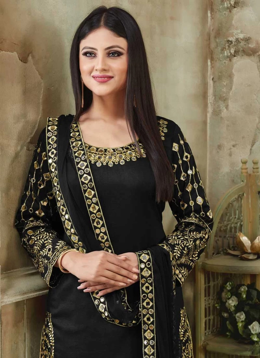 Black Art Silk Mirror Work Patiala Suit