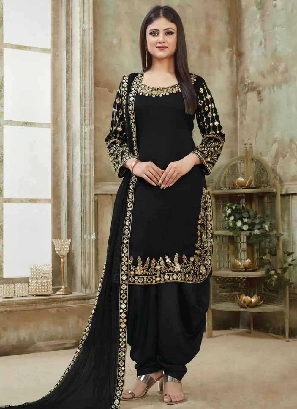 Black Art Silk Mirror Work Patiala Suit