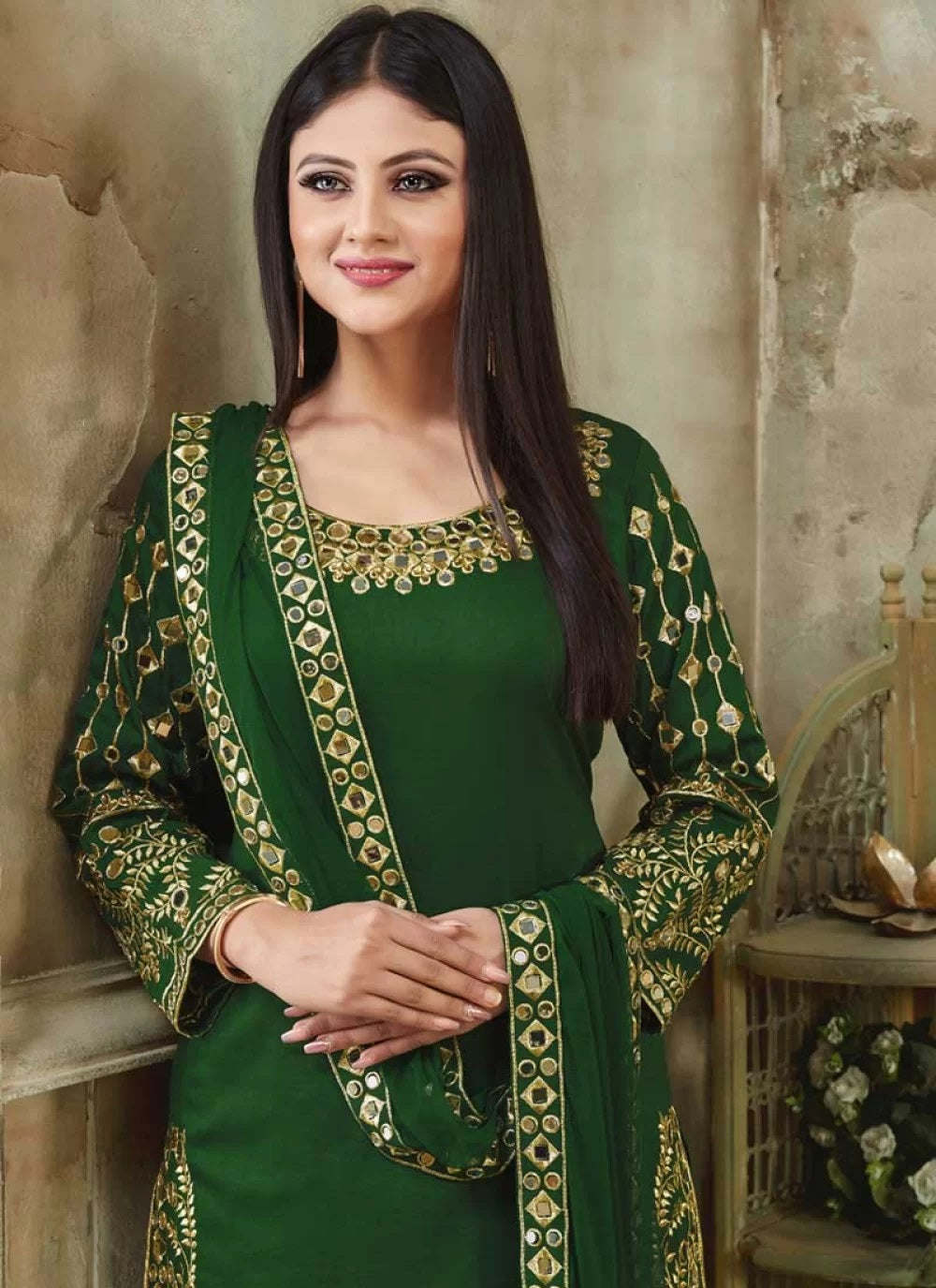 Art Silk Embroidered Mirror Work Patiala Suit In Green