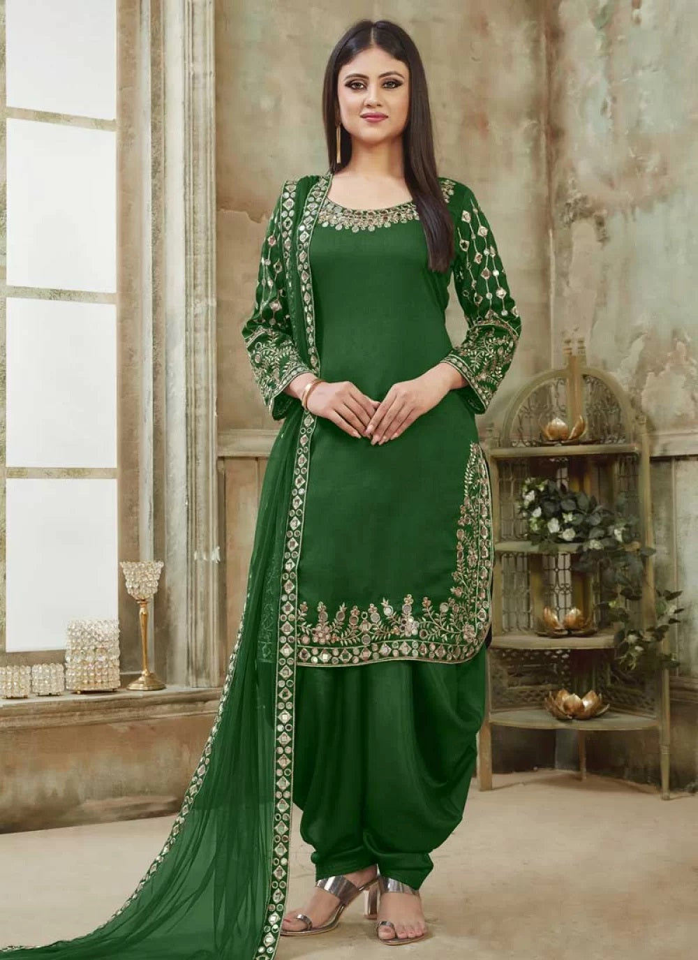 Art Silk Embroidered Mirror Work Patiala Suit In Green