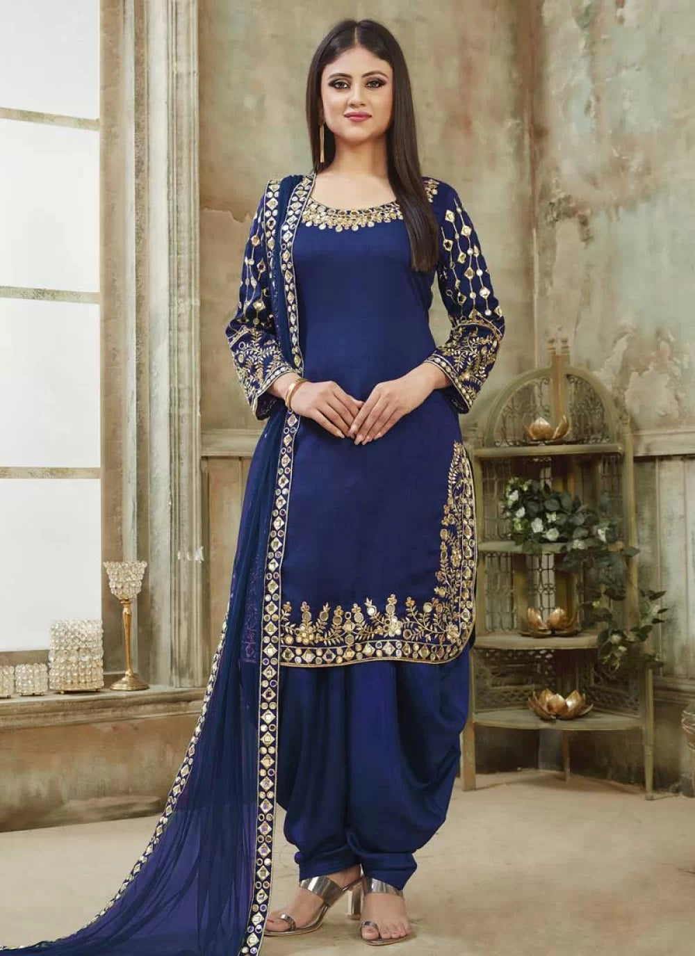 Blue Mirror Work Art Silk Punjabi Suit