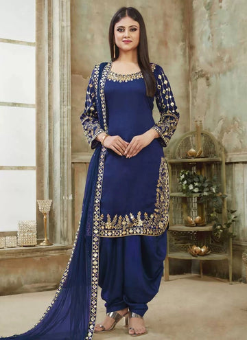 Blue Mirror Work Art Silk Punjabi Suit