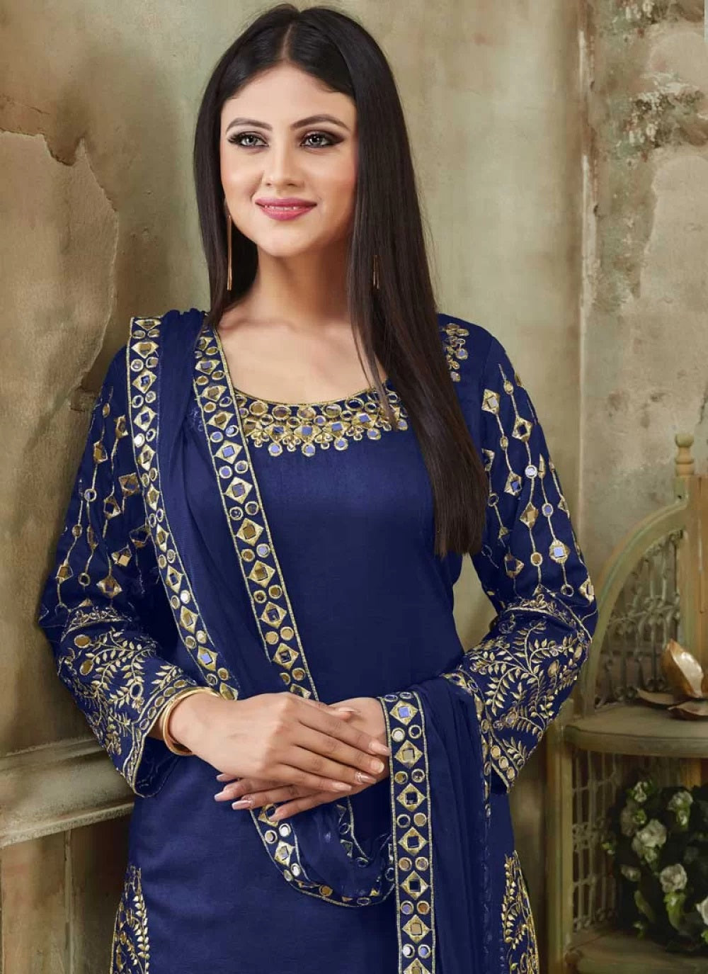 Blue Mirror Work Art Silk Punjabi Suit