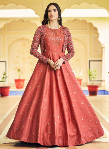 Orange Cotton Sequins Embroidered Gown