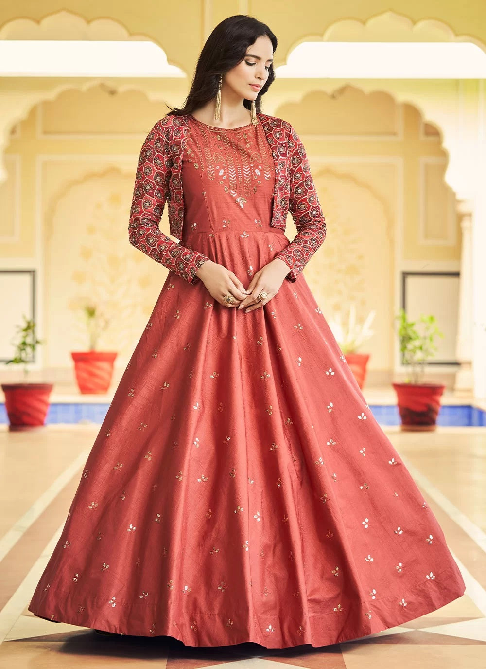 Orange Cotton Sequins Embroidered Gown