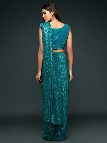 Teal Blue Sequined Georgette Party Wear Saree