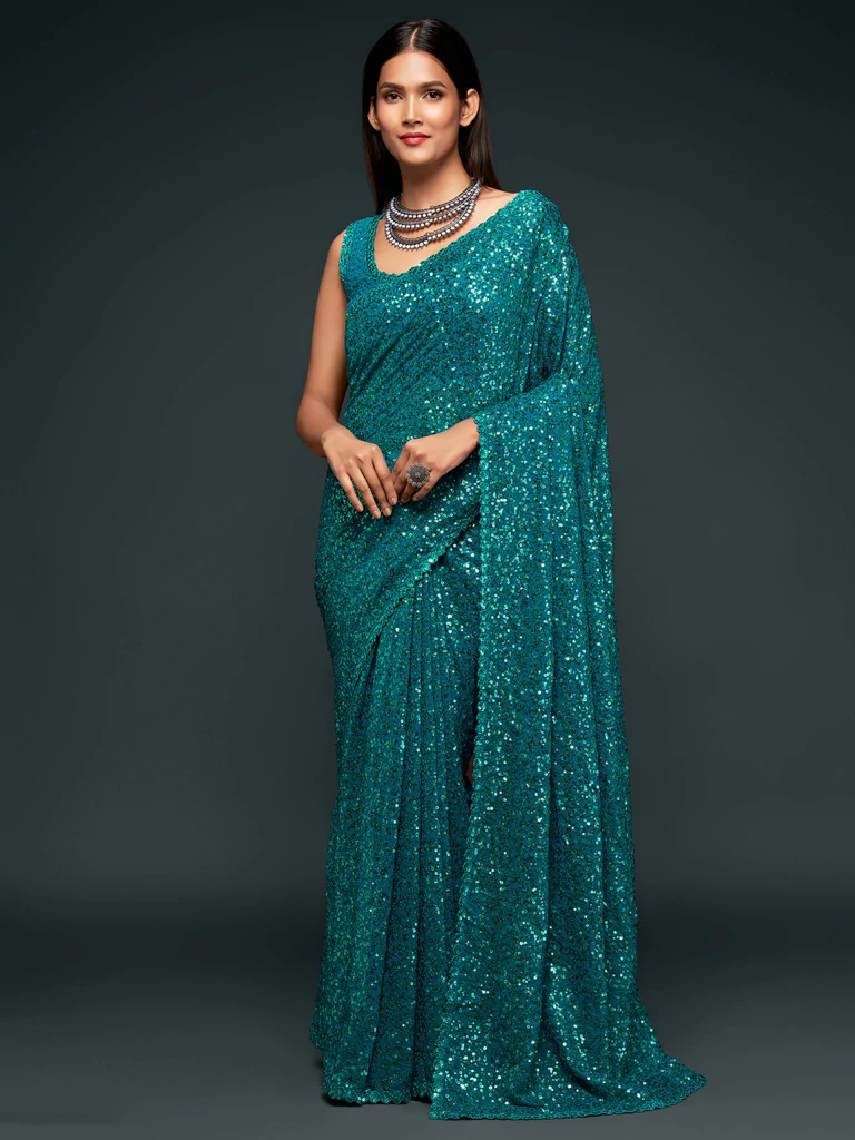 Teal Blue Sequined Georgette Party Wear Saree