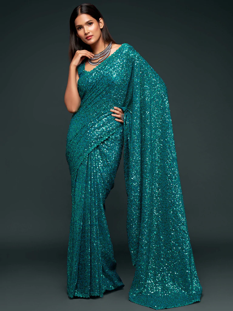 Teal Blue Sequined Georgette Party Wear Saree