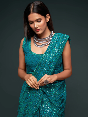 Teal Blue Sequined Georgette Party Wear Saree