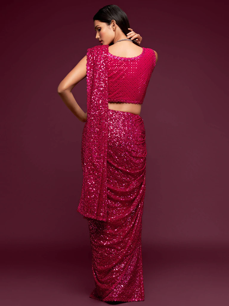 Hot Pink Sequence Work Georgette Indian Saree