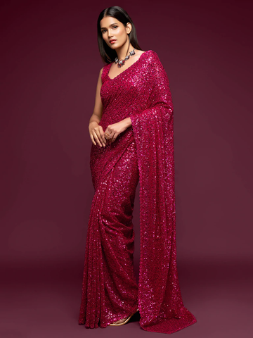 Hot Pink Sequence Work Georgette Indian Saree